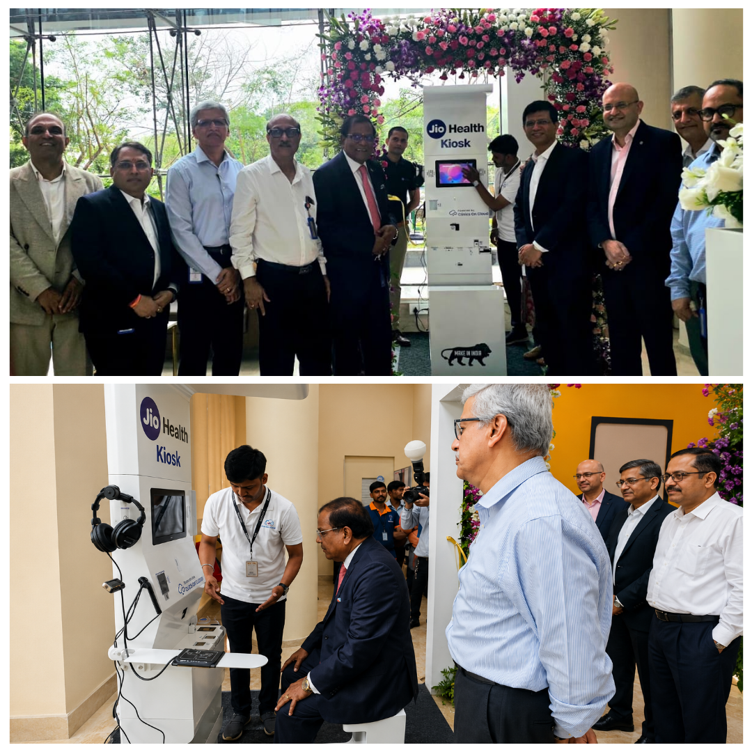 Jio Health Kiosk launch event in Maharashtra, showcasing Clinics On Cloud's presence and dignitary engagement