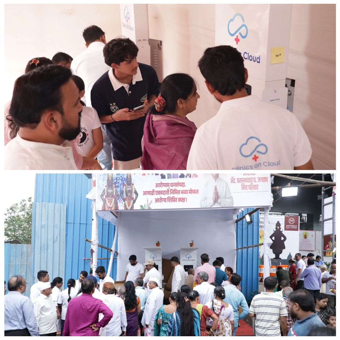 Health kiosk deployment at a Maharashtra community health camp, serving crowds during a free medical screening event