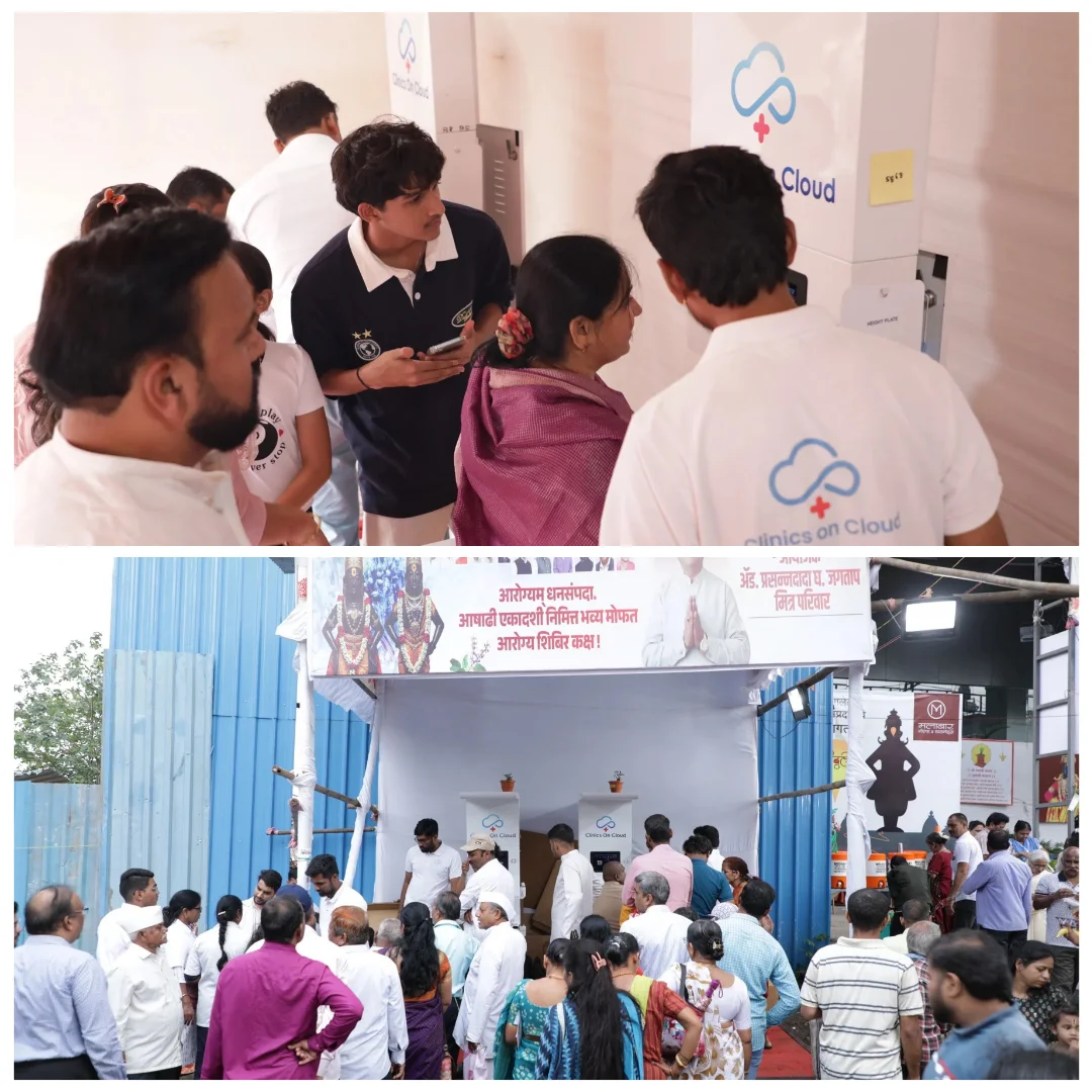 Health kiosk deployment at a Maharashtra community health camp, serving crowds during a free medical screening event