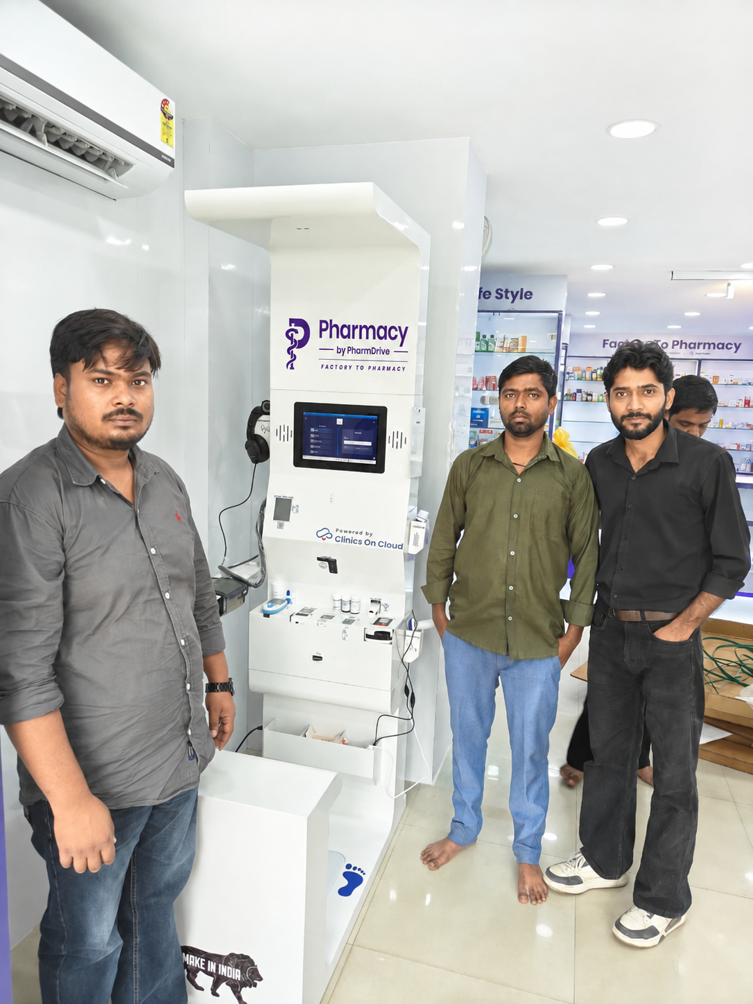PharmDrive Pharmacy health kiosk deployment by Clinics On Cloud in a retail pharmacy, Uttar Pradesh
