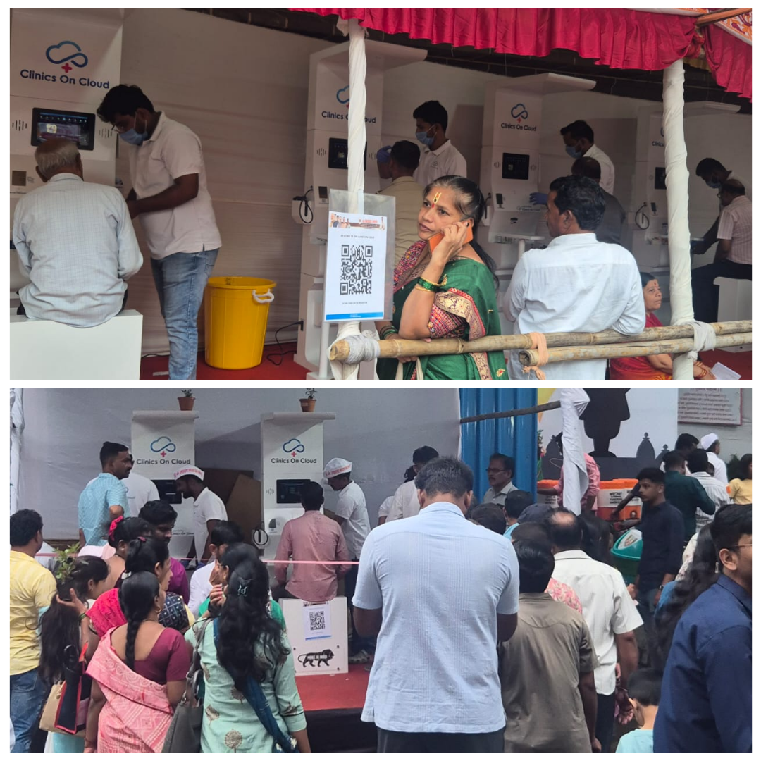 Multiple health kiosks deployed at a mass community screening event under Clinics On Cloud's Maharashtra presence