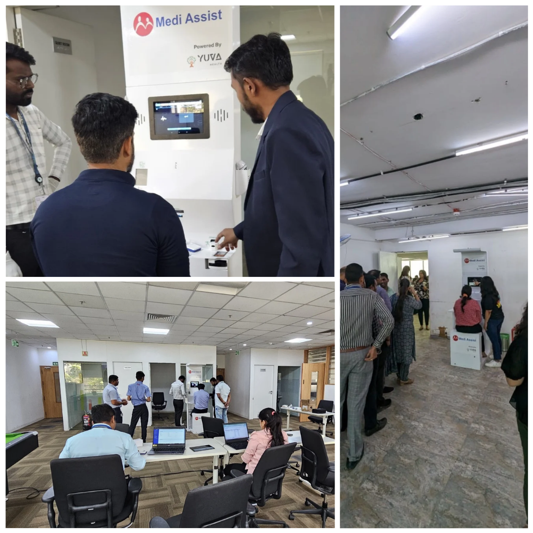 Health kiosk deployment at a Maharashtra corporate office, employees queuing for on-site screening