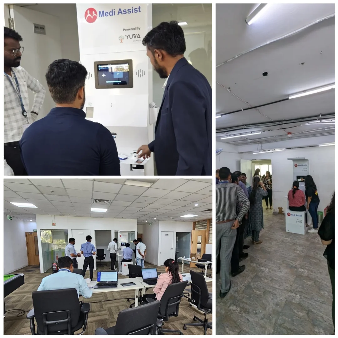 Health kiosk deployment at a Maharashtra corporate office, employees queuing for on-site screening
