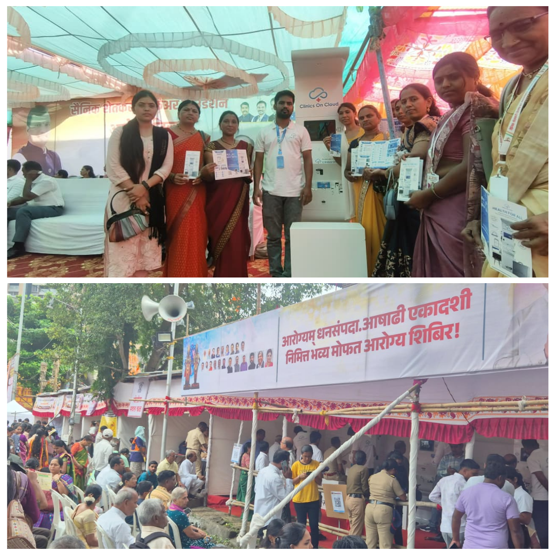 Health kiosk deployment at a free health camp, part of Clinics On Cloud's presence in Maharashtra