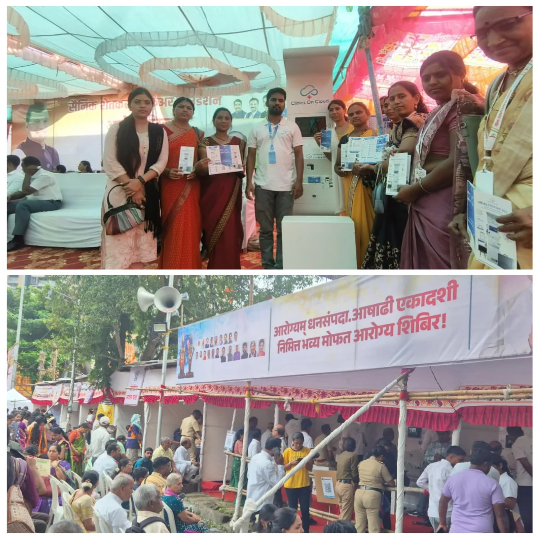 Health kiosk deployment at a free health camp, part of Clinics On Cloud's presence in Maharashtra