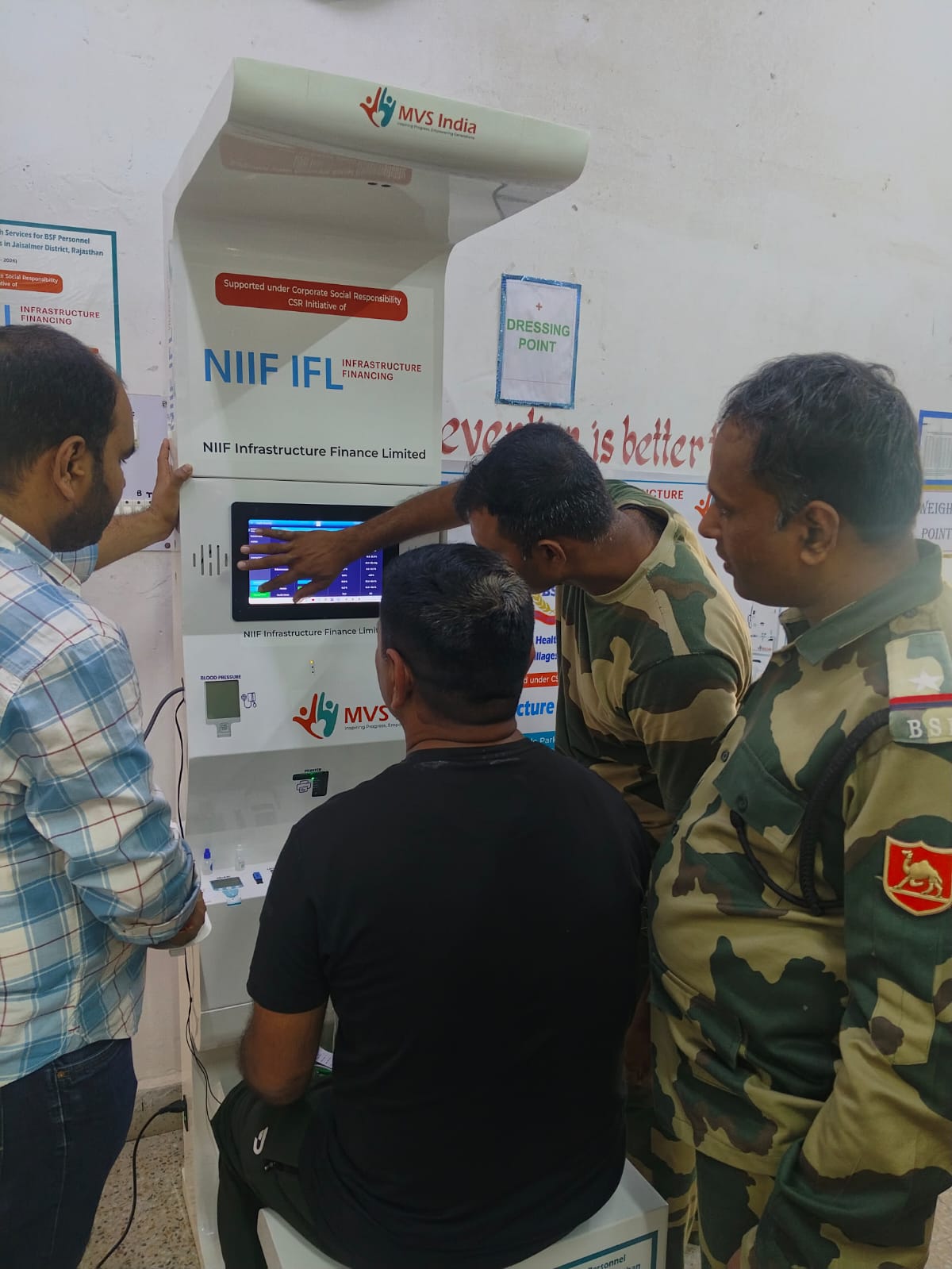 Health kiosk under NIIF IFL CSR support delivering screening services for BSF personnel in Jaisalmer district, Rajasthan