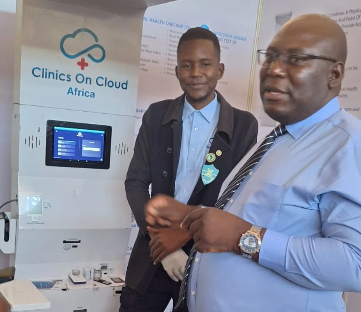 Clinics On Cloud Africa health kiosk deployment showcasing point-of-care checkup and infectious disease testing capabilities