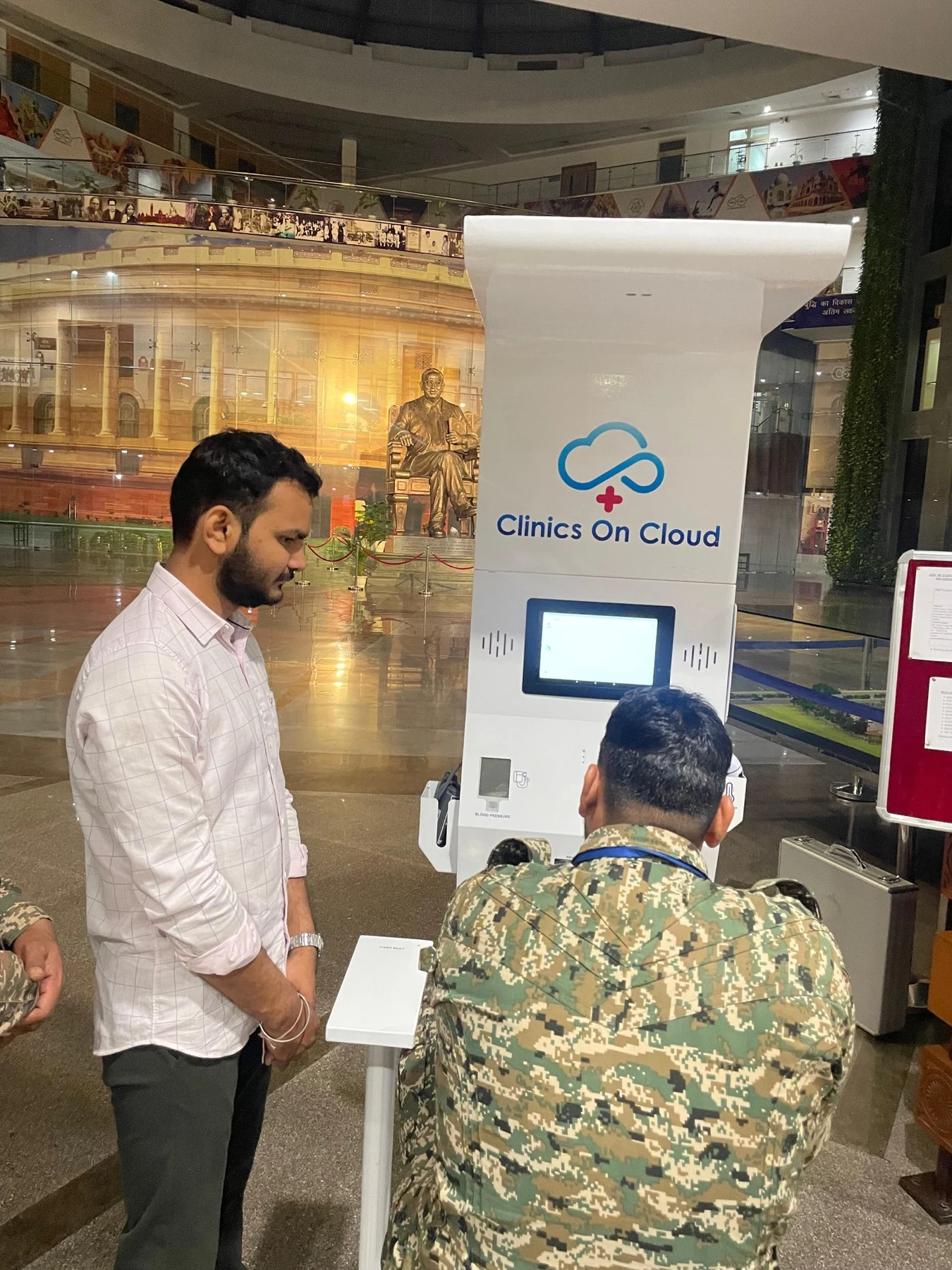 Health kiosk deployment in New Delhi, offering vitals screening for security personnel and visitors